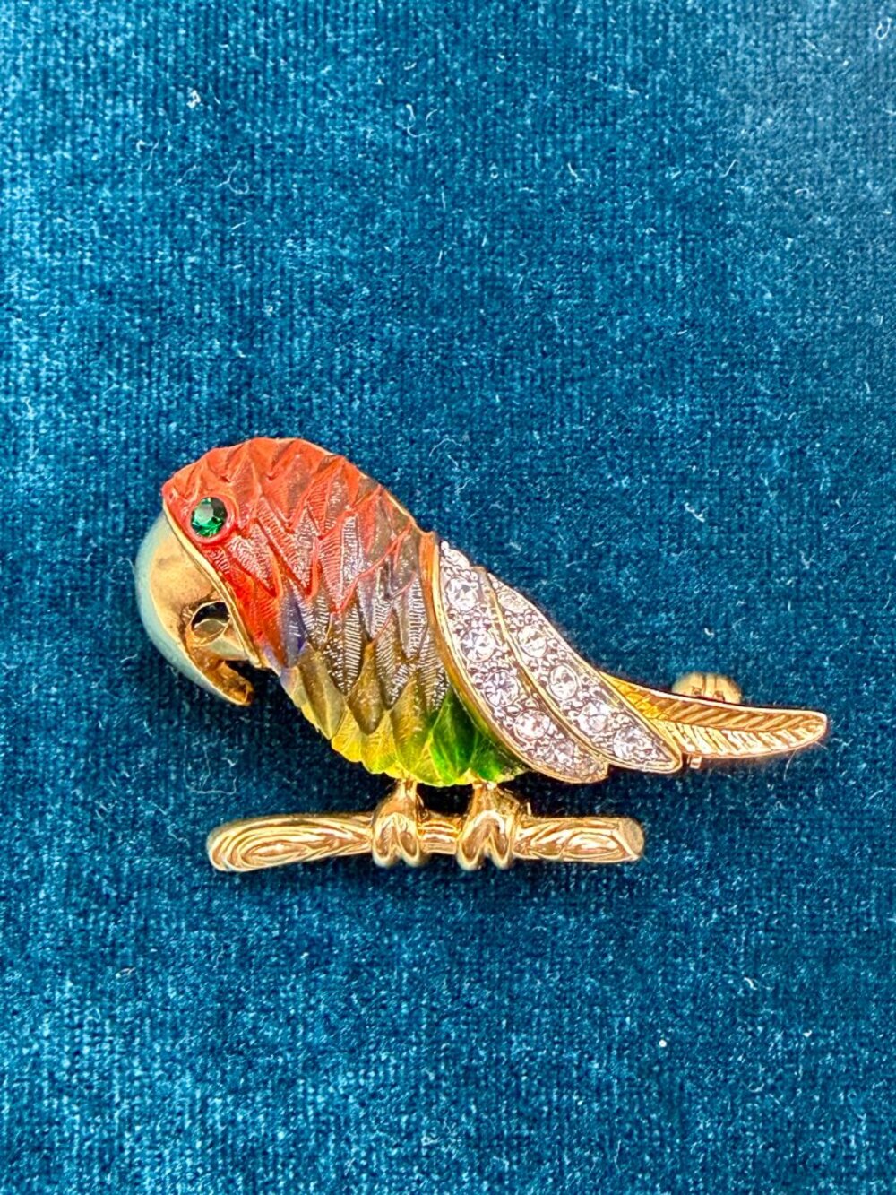 Vintage Gold Tone Rainbow Parrot Brooch with Enamel & Rhinestones